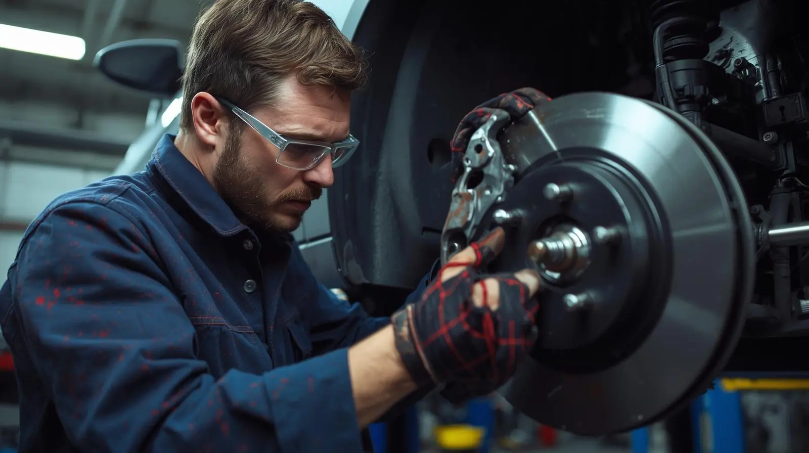 Mechanic working on brake pads and rotors
