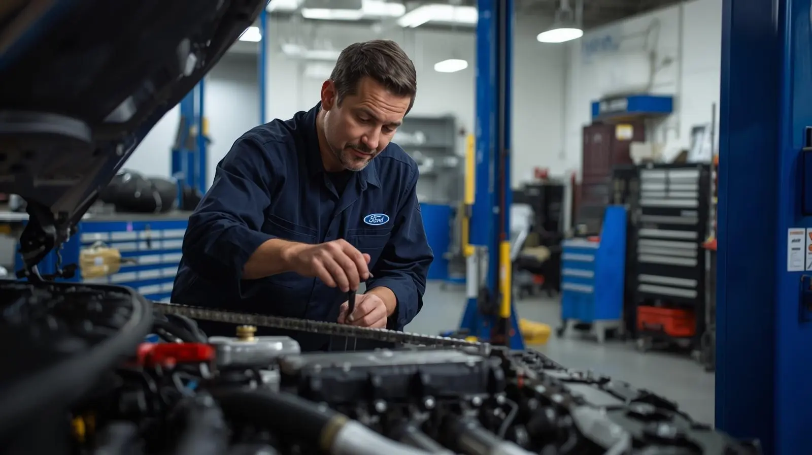 Mechanic performing timing chain replacement on Ford EcoBoost engine